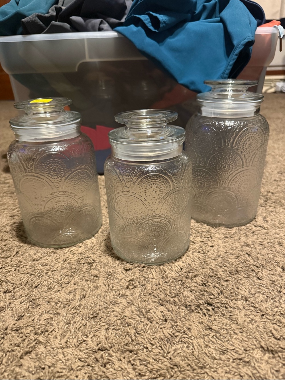 Set of 3 Embossed Glass Storage Jars - Clear